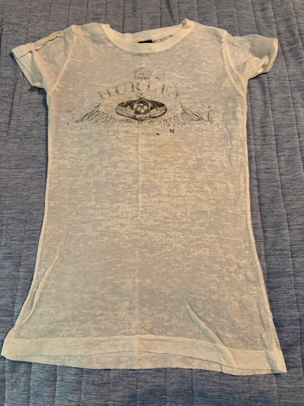 Hurley Women's Ultra Sheer White Burnout Short Sleeve Tee with Black Graphic